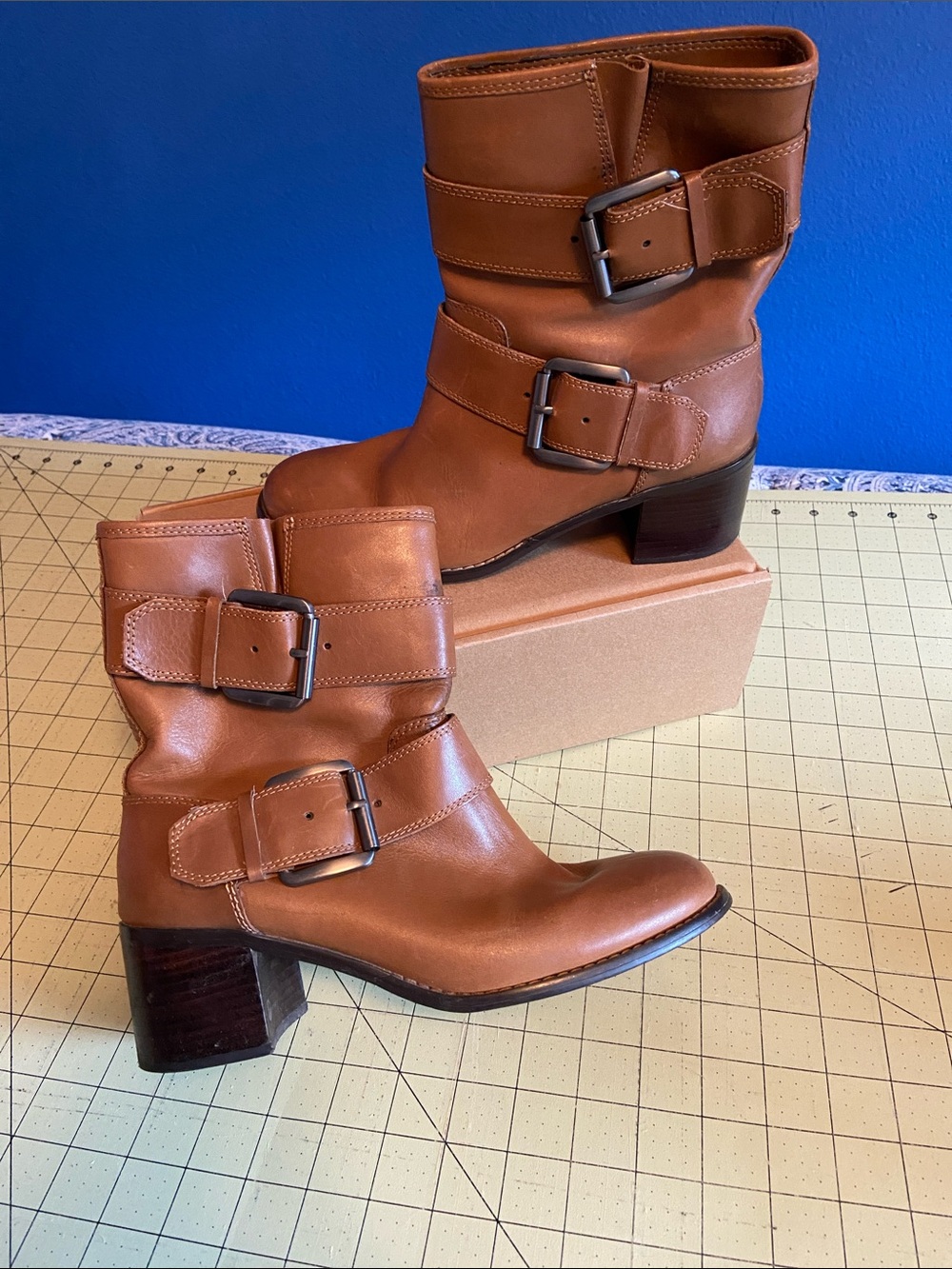 Women's Tan Leather Buckled Mid-Calf Boots